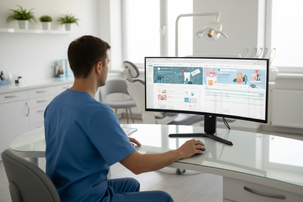 Dentist comparing online dental CE courses on a computer