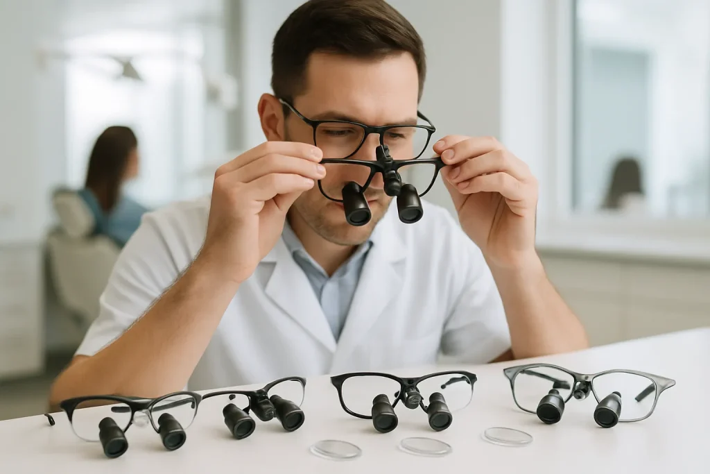 Dentist adjusting prescription lenses on dental loupes in a clinical setting