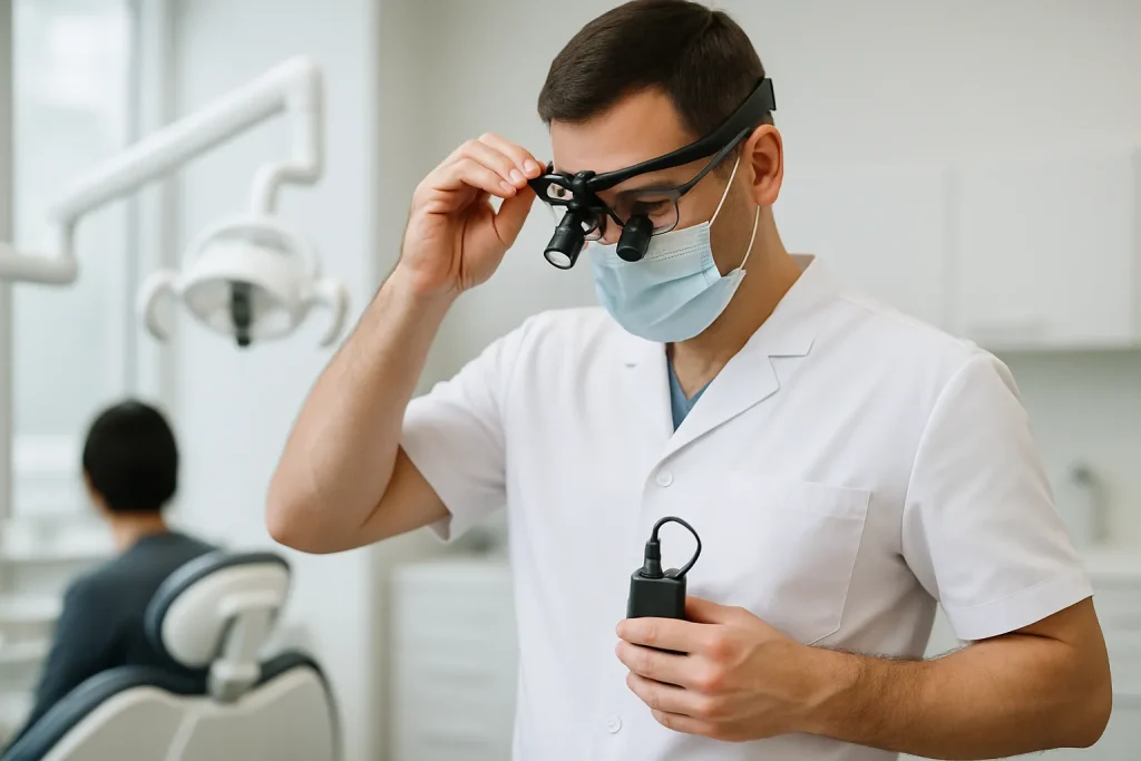 Dentist adjusting loupe headlight battery in operatory