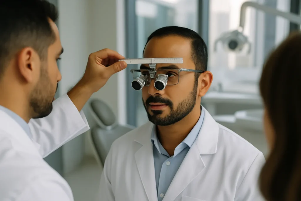 Dentist in Dubai clinic being measured for dental loupes