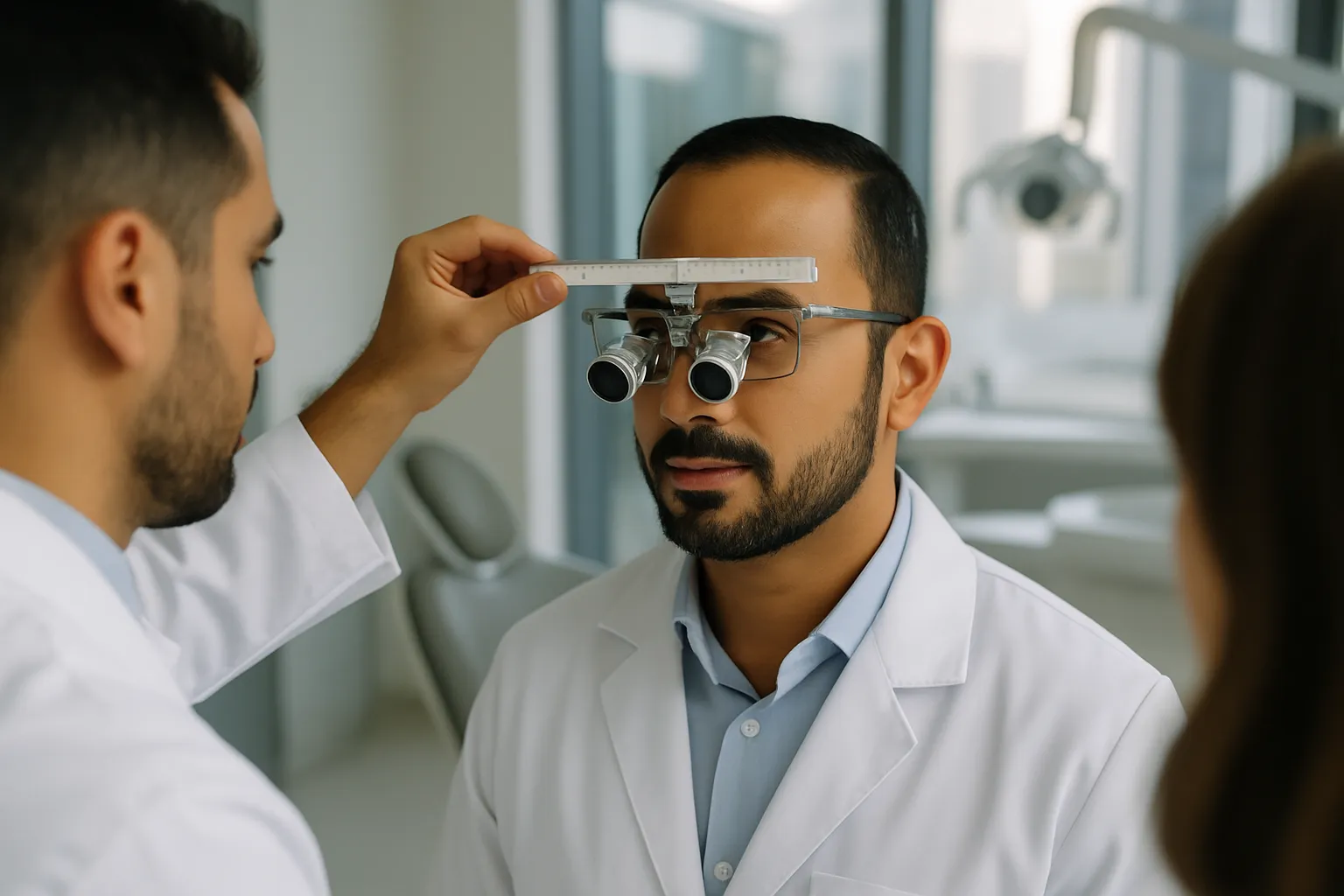 Dentist in Dubai clinic being measured for dental loupes