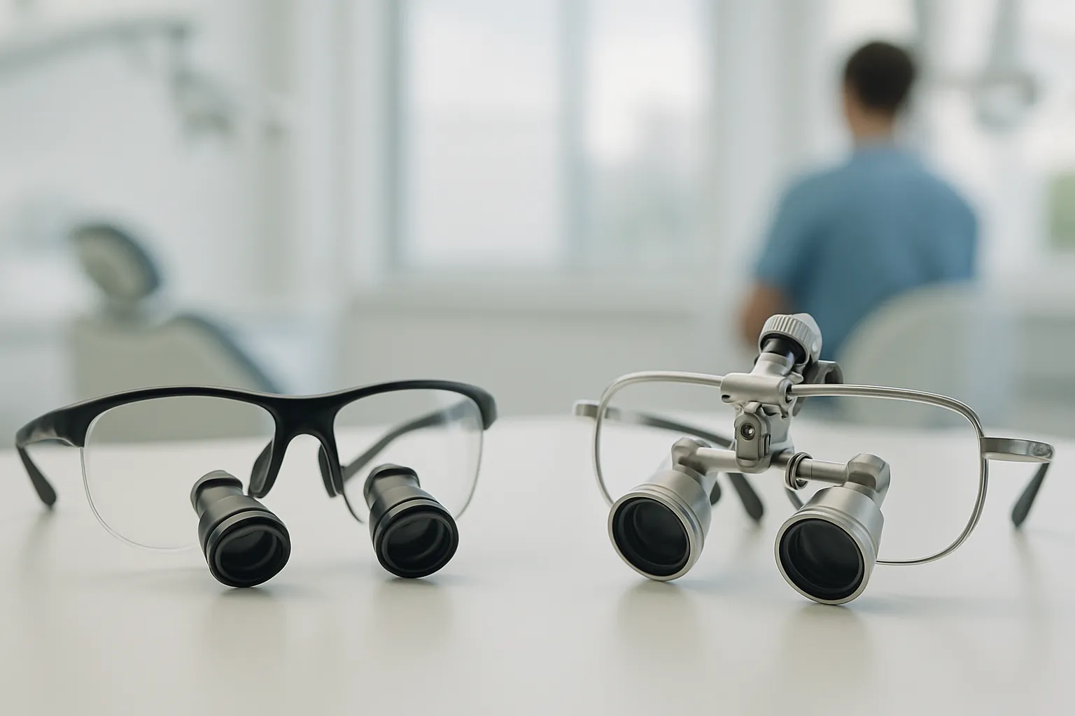 Close-up of TTL and flip-up dental loupes side by side
