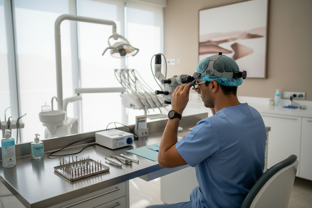 Dentist adjusting dental loupes for endodontic procedure in UAE clinic