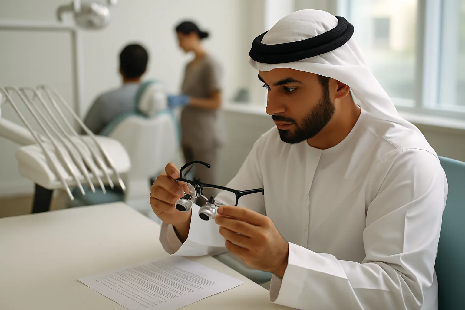 Dentist reviews dental loupe warranty documents in a UAE clinic