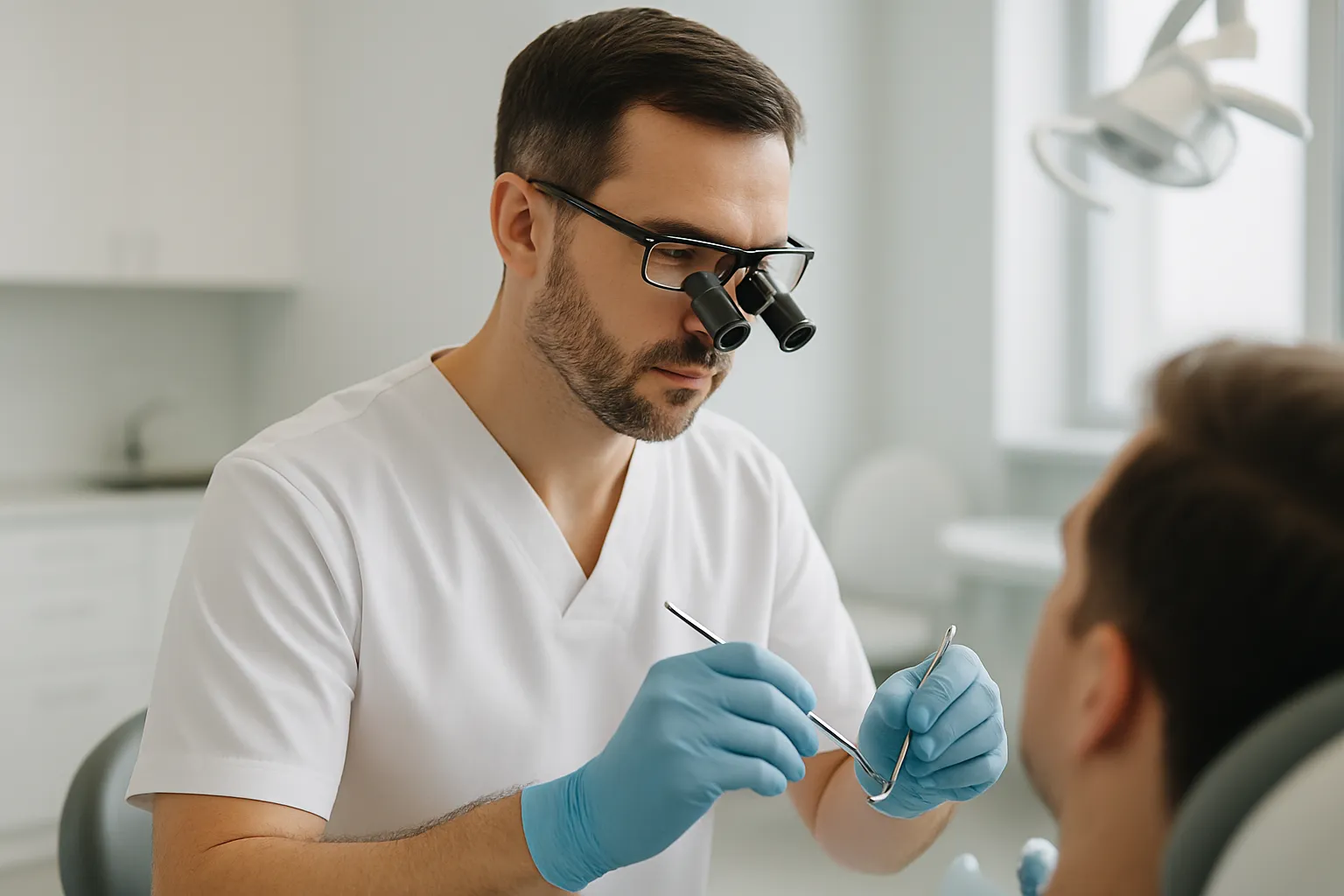 Dentist using ergonomic dental loupes in proper working posture