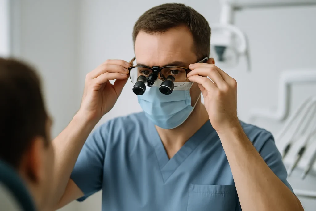 Dentist adjusting dental loupes for proper fit in clinic.