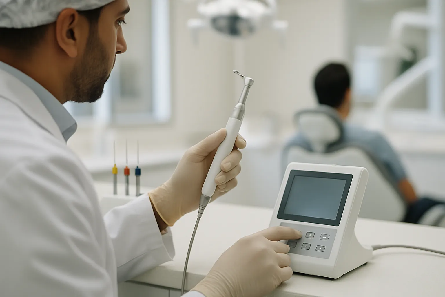 Dentist calibrating an endomotor for root canal in a UAE clinic