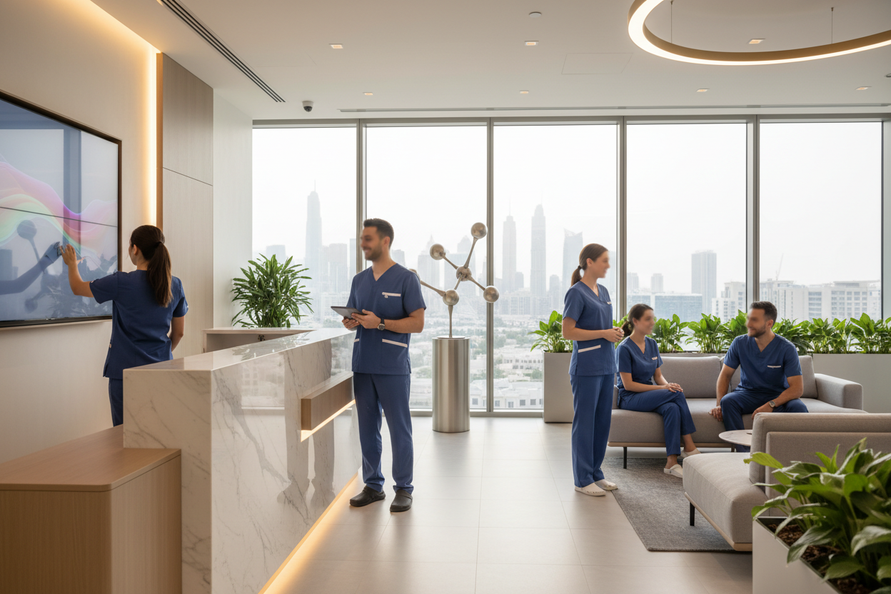 Modern Dubai dental clinic reception with staff