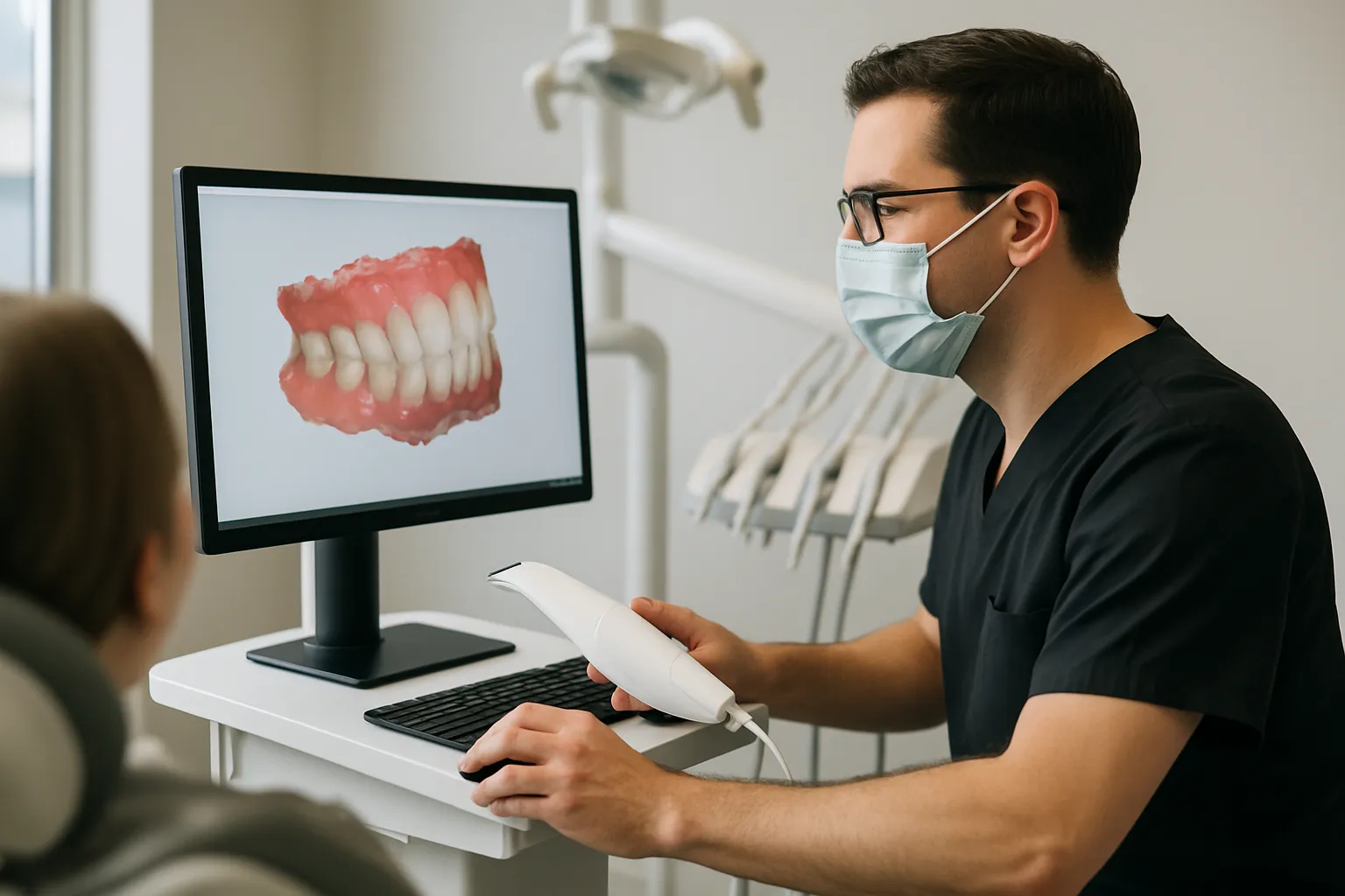 Dentist exporting intraoral scanner files in a clinical setting