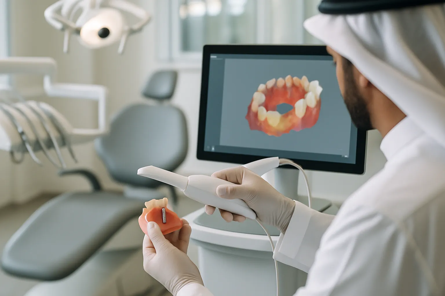 Dentist using intraoral scanner for implant impression in UAE clinic