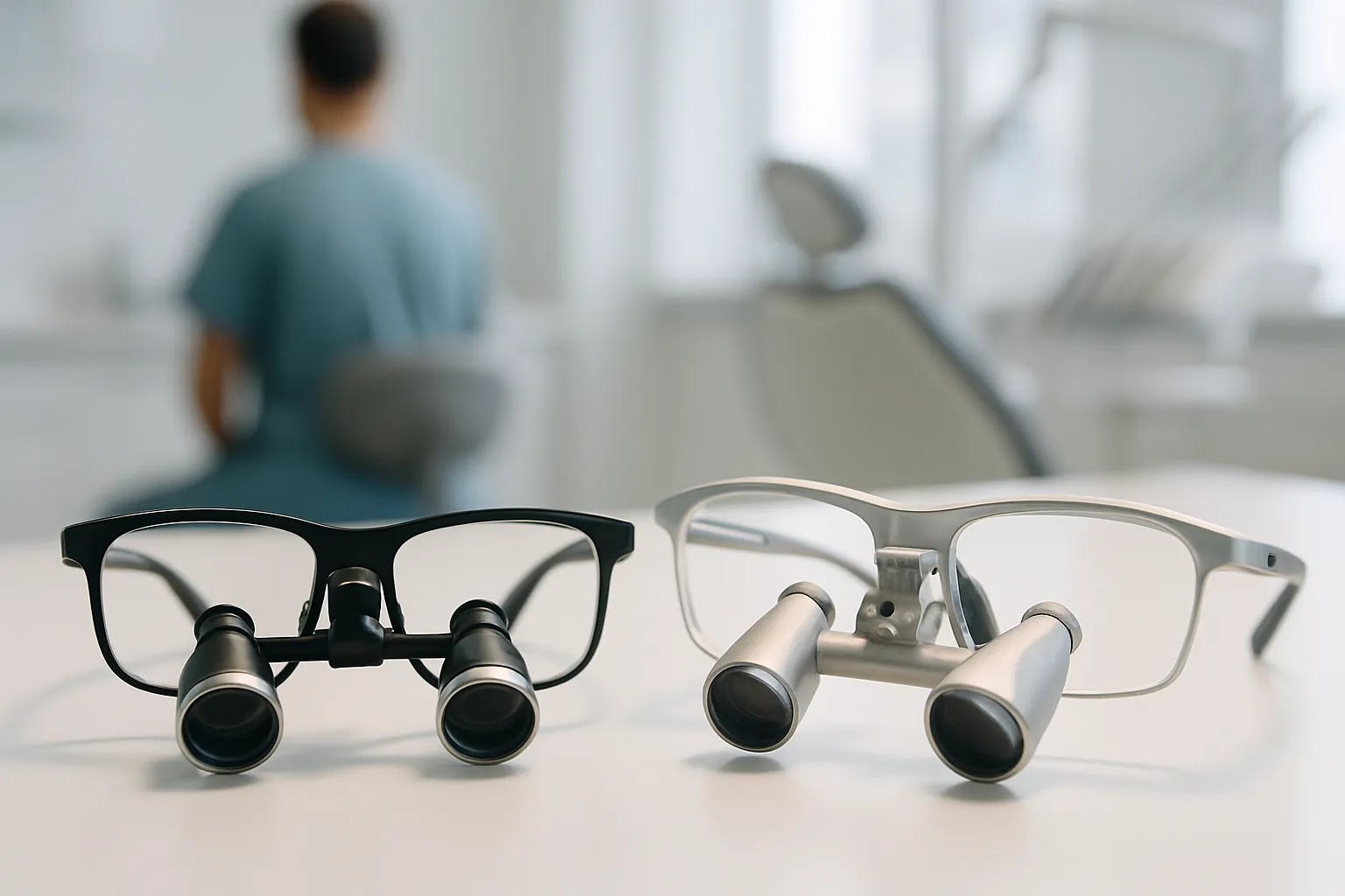 Galilean and prism dental loupes side by side