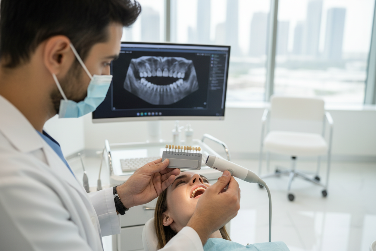 Dentist using shade guide and scanner for veneer shade selection in a UAE clinic