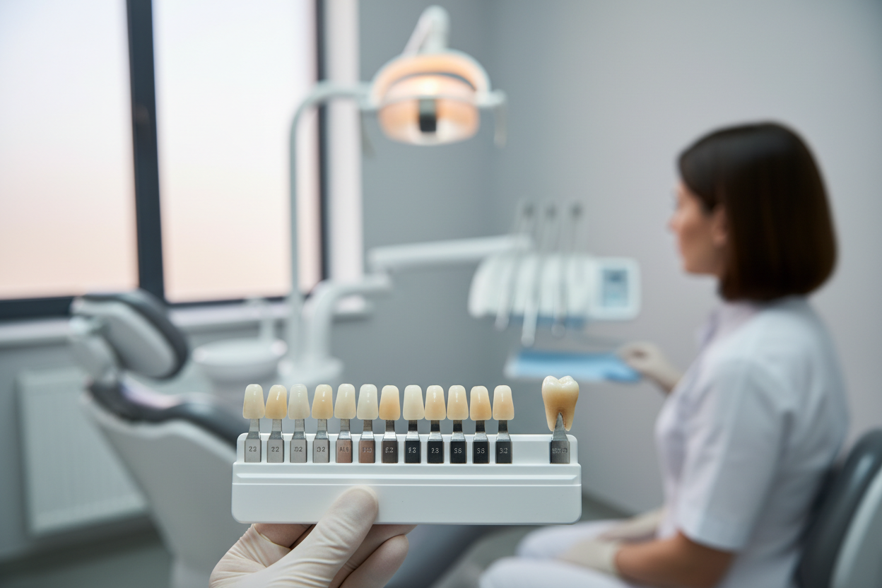 Composite and ceramic veneer samples compared on shade tab