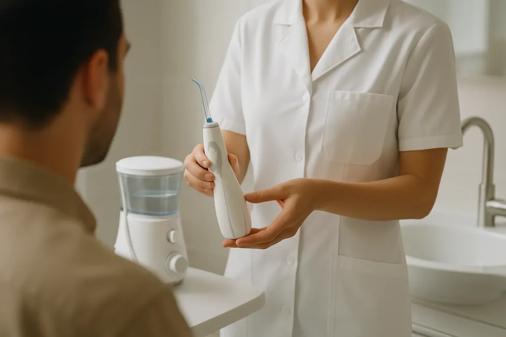 Dental professional demonstrating water flosser use in a clinic setting