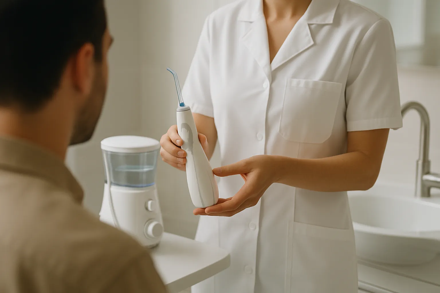 Dental professional demonstrating water flosser use in a clinic setting
