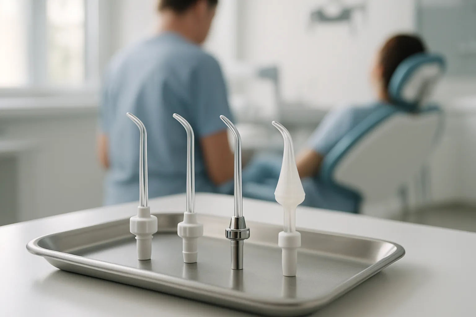 Various water flosser tips on a dental tray